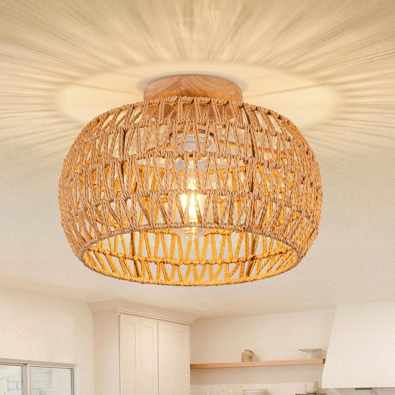 OCWHT Boho Ceiling Light Fixtures Rattan Chandelier Bedroom Light Small Rattan Flush Mount Ceiling Light Hand-Woven Chandelier for Nursery Light Kitchen Farmhouse Chandeliers - Image 1